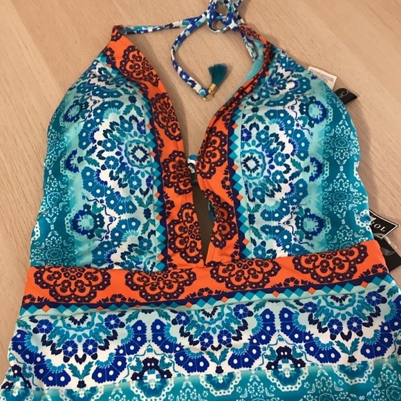 NWT La Blanca Size 10 Blue and Orange One Piece Swimsuit w/ Plunging V-Neckline - Picture 4 of 12